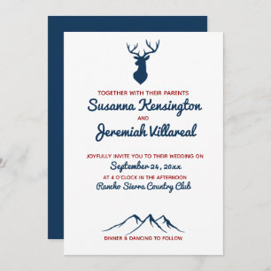 Convites Casamento Rustic Blue and Red Deer Country Mountai