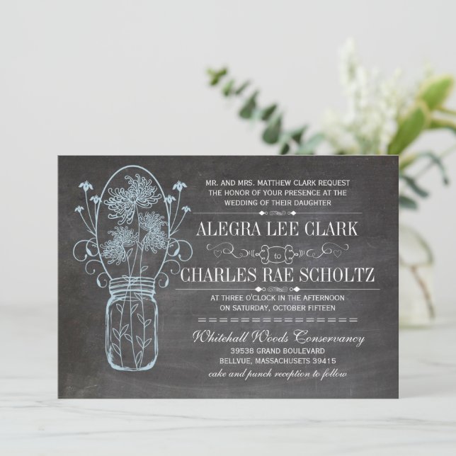Convites Casamento Rustic Blue Mason Jar Chalkboard (Em pé/Frente)