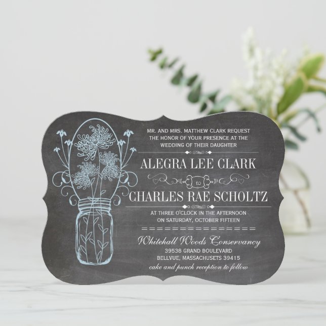 Convites Casamento Rustic Blue Mason Jar Chalkboard (Em pé/Frente)