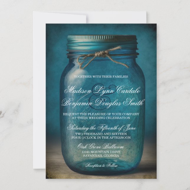 Convites Casamento Rustic Blue Mason Jar Country (Frente)