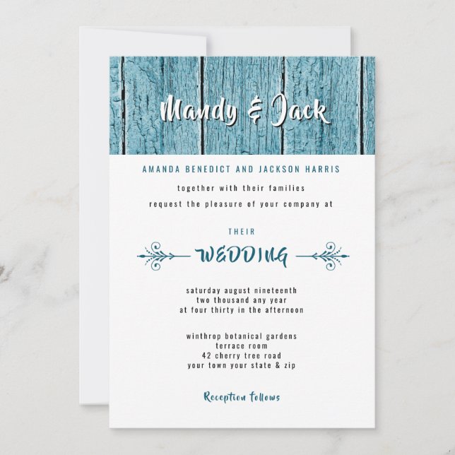 Convites Casamento Rustic Blue Shiplap Wood Na moda Modern (Frente)
