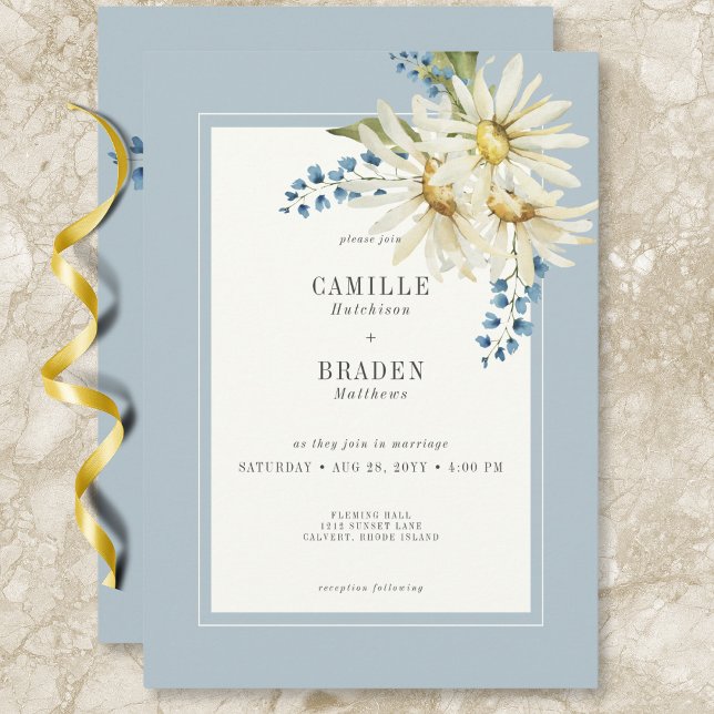 Convites Casamento Rustic Blue & White Daisies (Rustic Blue & White Daisies Wedding Invitation)