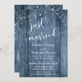 Convites Casamento Rustic Blue Wood & Lights Just Married