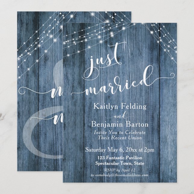 Convites Casamento Rustic Blue Wood & Lights Just Married E (Frente/Verso)