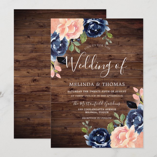 Convites Casamento Rustic Blush & Marinho Blue Flowers (Frente/Verso)