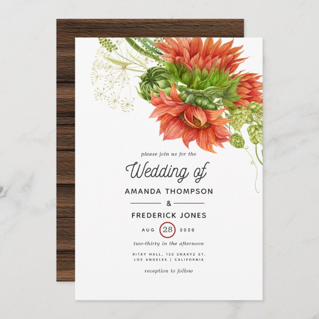 Convites Casamento Rustic Bohemian Red Sunflower (Frente/Verso)