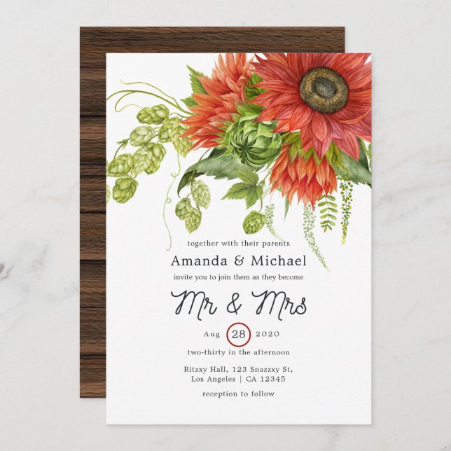 Convites Casamento Rustic Bohemian Red Sunflower (Frente/Verso)