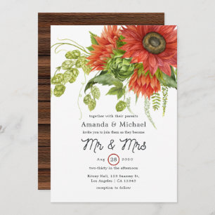 Convites Casamento Rustic Bohemian Red Sunflower