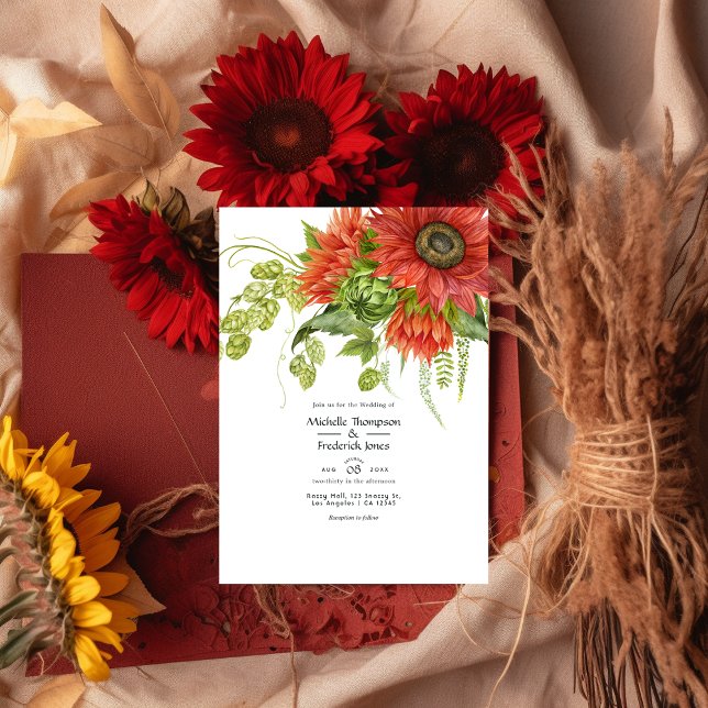Convites Casamento Rustic Bohemian Red Sunflower (Criador carregado)