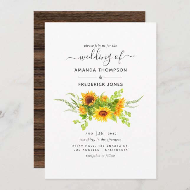 Convites Casamento Rustic Bohemian Sunflower (Frente/Verso)