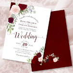 Convites Casamento Rustic Boho Floral Burgundy Red & Pink<br><div class="desc">Este belo convite para o casamento apresenta um design de música bólus rústico com rosas de aquarela pintados à mão em tons de rosa pincelado, vermelho profundo e burgundy. O buquê elegante inclui primatas de lavanda, eucalipto, hálito do bebê e outras folhas folhagem e verde, tudo em um fundo branco...</div>