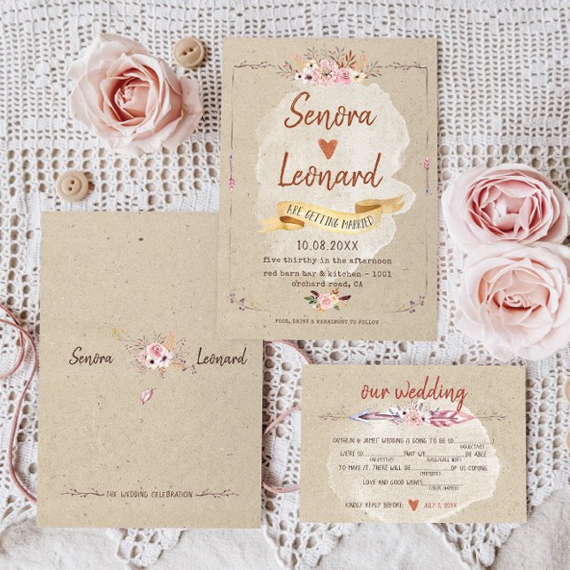 Convites Casamento Rustic Boho Floral Kraft (Criador carregado)