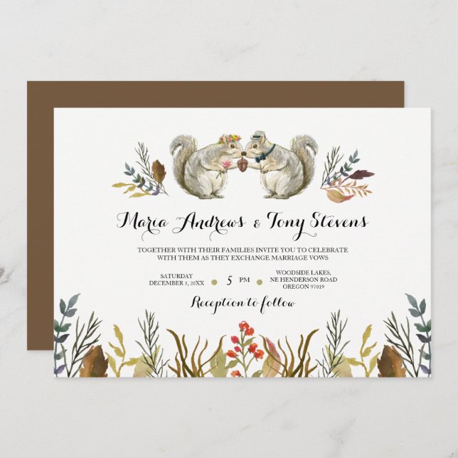 Convites Casamento Rustic Boho Forest Squirrels Watercolor (Frente/Verso)