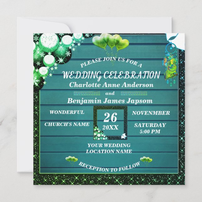 Convites Casamento Rustic Boho Green Glitter Wooden (Frente)