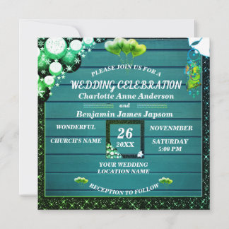 Convites Casamento Rustic Boho Green Glitter Wooden