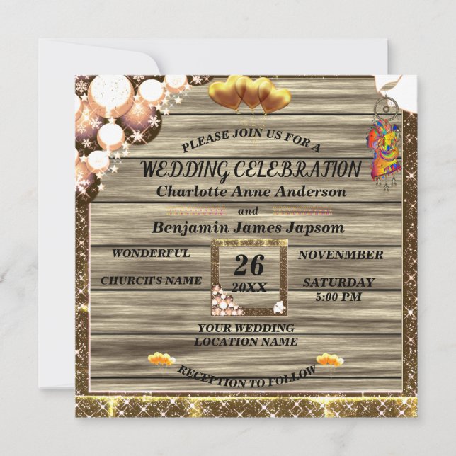 Convites Casamento Rustic Boho Ouro Glitter Wooden (Frente)