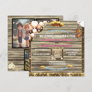 Convites Casamento Rustic Boho Ouro Glitter Wooden