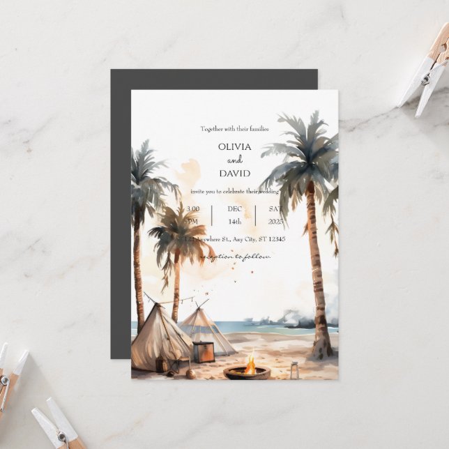 Convites Casamento Rustic Boho Palm Landscape Beach (Frente/Verso In Situ)