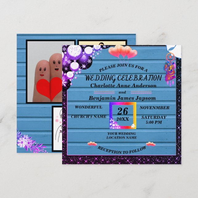 Convites Casamento Rustic Boho Purple Glitter Blue Wooden (Frente/Verso)