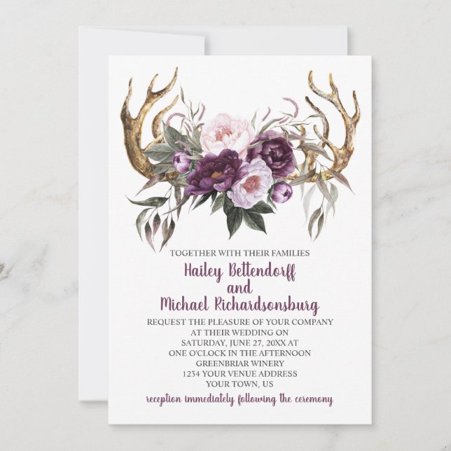 Convites Casamento Rustic Boho Purple Plum Peonies Antlers (Frente)
