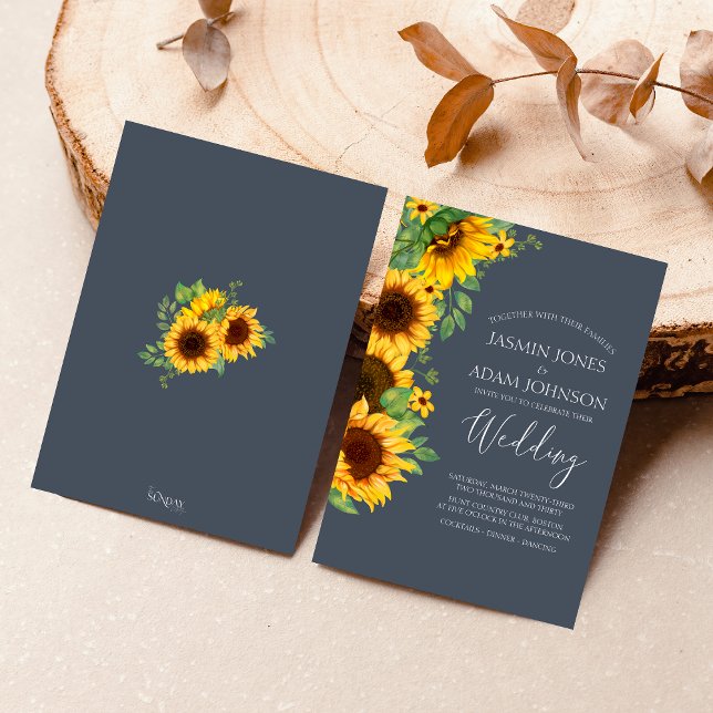 Convites Casamento Rustic Boho Sunflower Marinho (Rustic Yellow and Navy Blue Sunflower Boho Wedding Invitation)