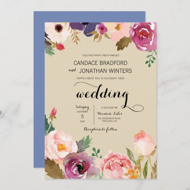 Convites Casamento Rustic Boho Watercolor Flowers (Frente/Verso)