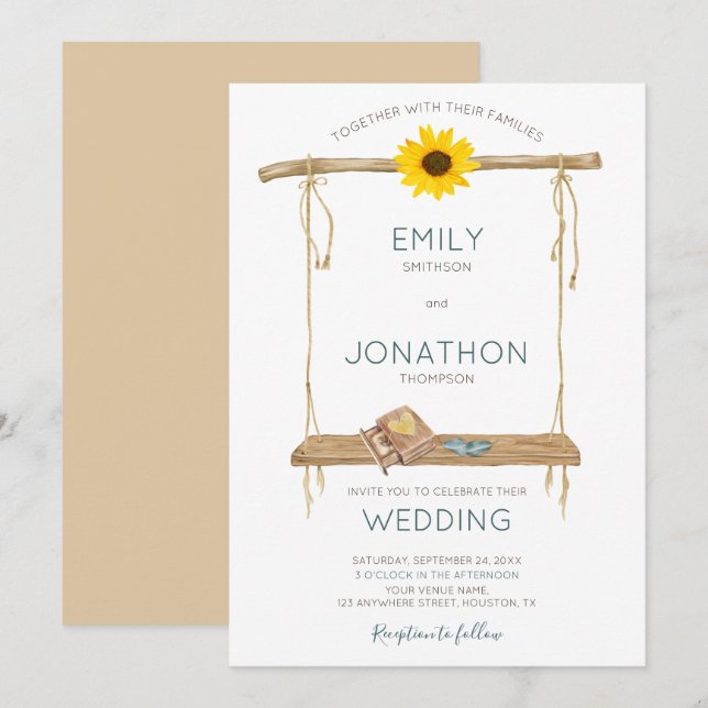 Convites Casamento Rustic Boho Wooden Swing Sunflower (Frente/Verso)