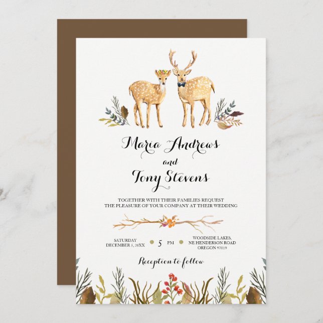 Convites Casamento Rustic Boho Woodland Deer Watercolor (Frente/Verso)