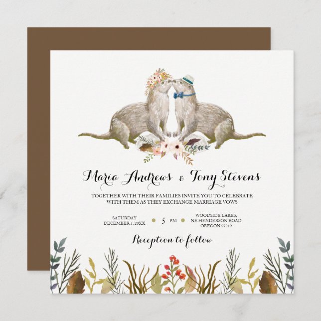 Convites Casamento Rustic Boho Woodland Otter Watercolor (Frente/Verso)