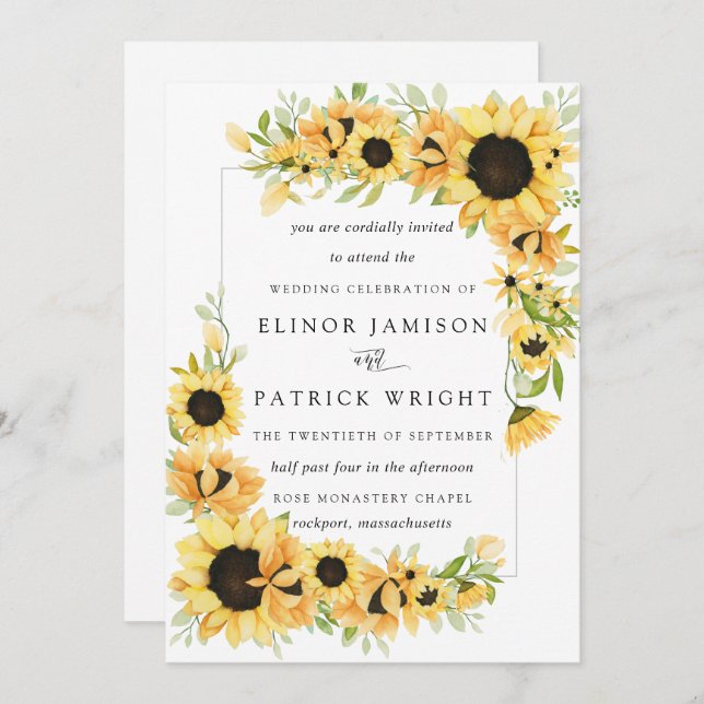 Convites Casamento Rustic Boho Yellow Sunflower Summer (Frente/Verso)