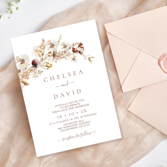 Convites Casamento Rustic Brown Floral Selvagens (Rustic Wildflowers Wedding Invitation, Modern Rustic Wildflower Wedding Invite, Floral Natural Tones)