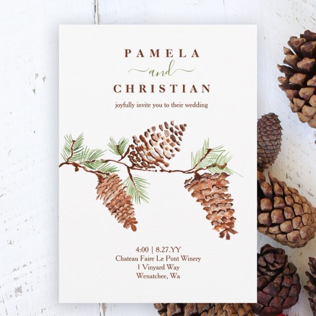 Convites Casamento Rustic Brown Watercolor Pinecones (rustic winter wedding invitation watercolor pinecones pine needles winter plants pine tree artwork)