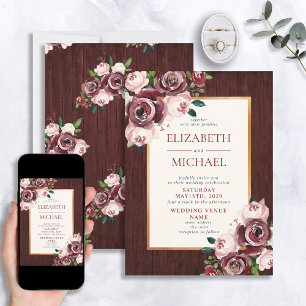 Convites Casamento Rustic Burgundy Blush Dourado De Madeira