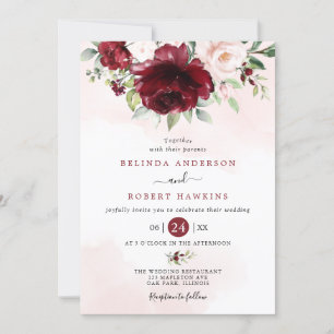 Convites Casamento Rustic Burgundy Blush Floral Cor-de-Rosa