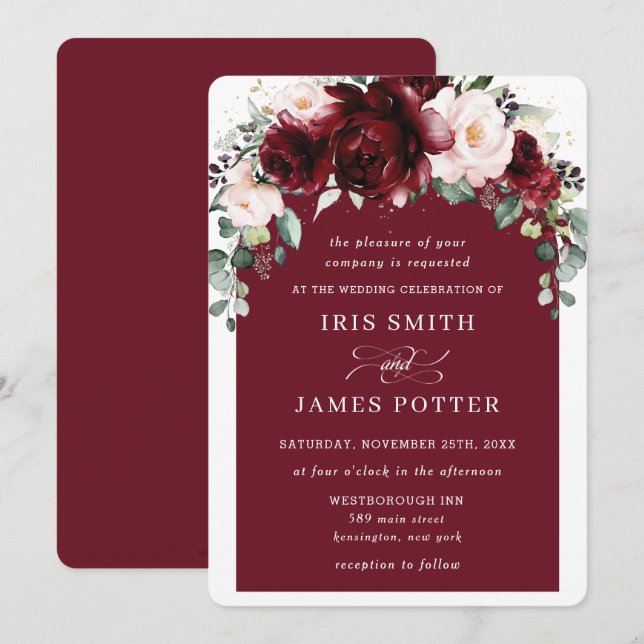 Convites Casamento Rustic Burgundy Blush Floral Flowers Arc (Frente/Verso)