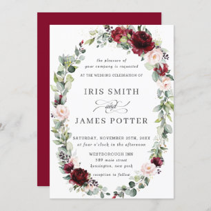 Convites Casamento Rustic Burgundy Blush Floral Wreath Leaf