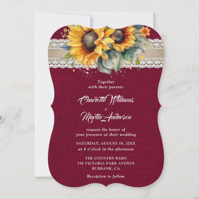 Convites Casamento Rustic Burgundy Burlap Lace Sunflower (Frente)