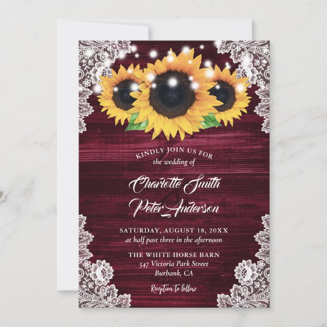 Convites Casamento Rustic Burgundy Burlap Lace Sunflower (Frente)