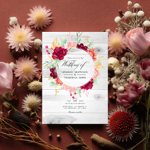 Convites Casamento Rustic Burgundy e Blush Floral Código QR