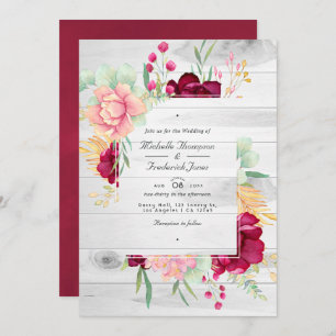 Convites Casamento Rustic Burgundy e Blush Floral Código QR