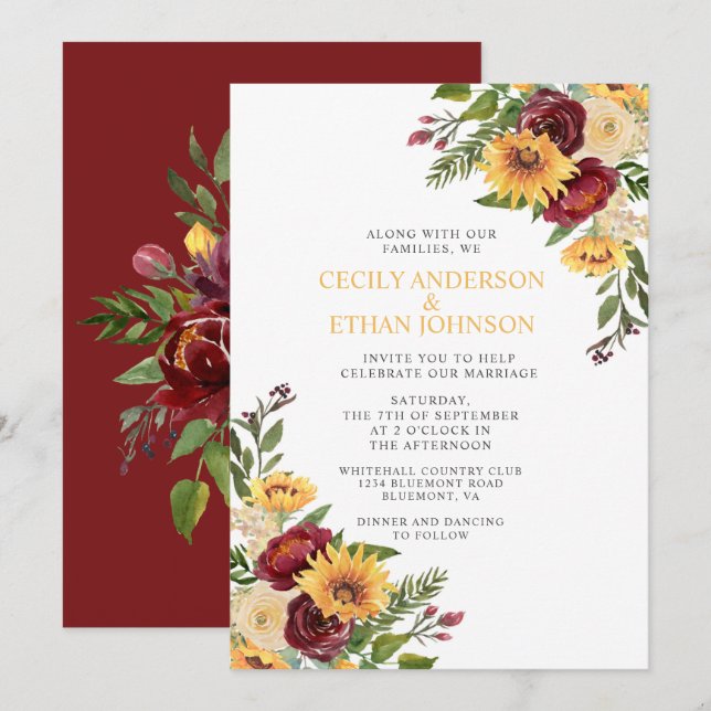 Convites Casamento Rustic Burgundy Floral Amarelo Girassóis (Frente/Verso)