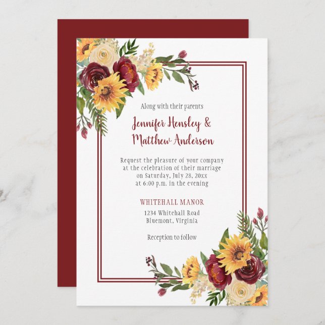 Convites Casamento Rustic Burgundy Floral Amarelo Girassóis (Frente/Verso)