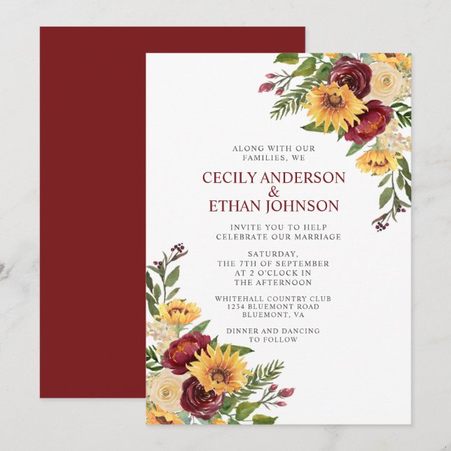 Convites Casamento Rustic Burgundy Floral Amarelo Girassóis (Frente/Verso)