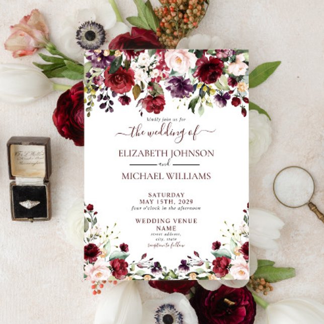 Convites Casamento Rustic Burgundy Floral Watercolor (Criador carregado)