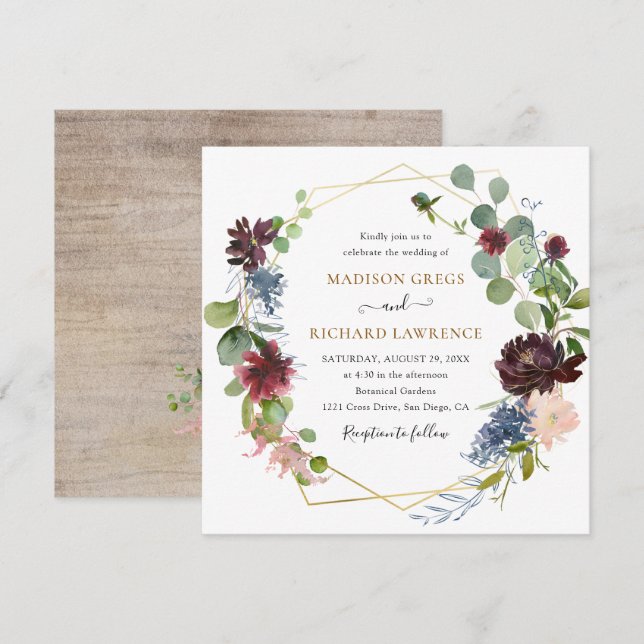 Convites Casamento Rustic Burgundy Florals (Frente/Verso)