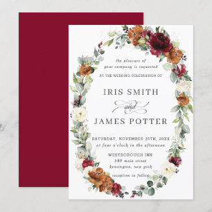 Convites Casamento Rustic Burgundy Ivory Orange Floral Wrea