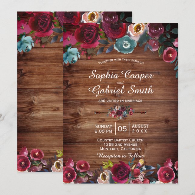 Convites Casamento Rustic Burgundy Marinho Floral De Madeir (Frente/Verso)