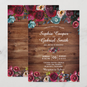 Convites Casamento Rustic Burgundy Marinho Floral De Madeir