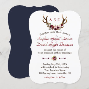 Convites Casamento Rustic Burgundy Marsala Floral Antlers