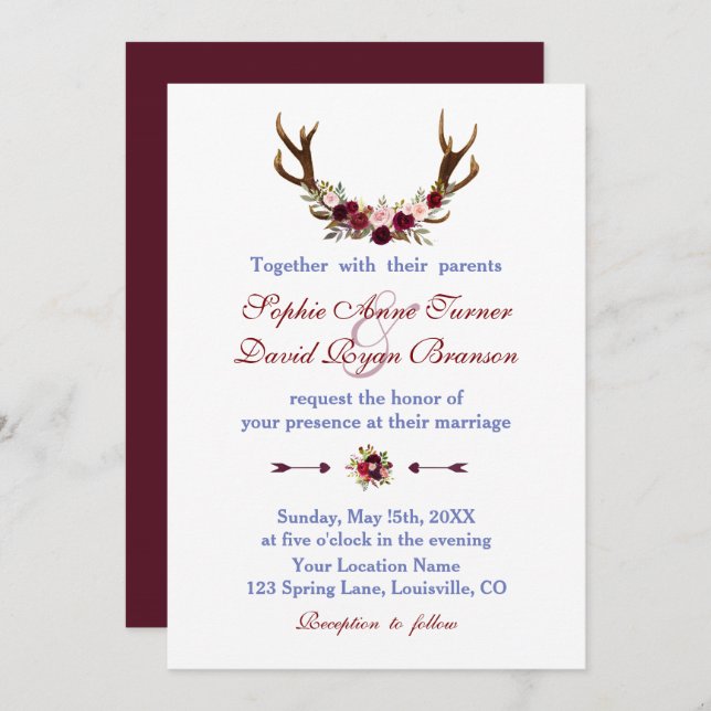 Convites Casamento Rustic Burgundy Marsala Floral Antlers (Frente/Verso)